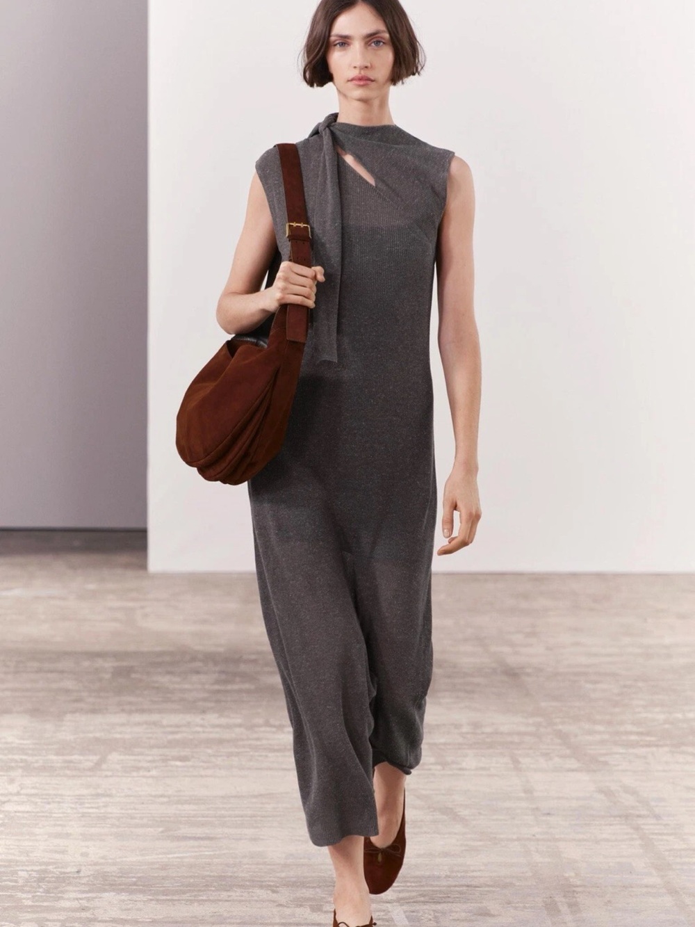 Zara One-Shoulder Charcoal Knit Maxi Dress with Neck Tie